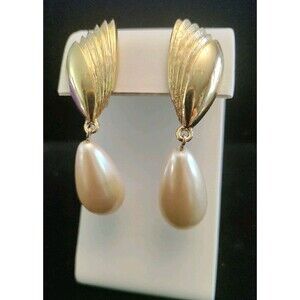 GIVENCHY Paris NY Imitation Pearl Drop Gold Clip Earrings Designer Signed